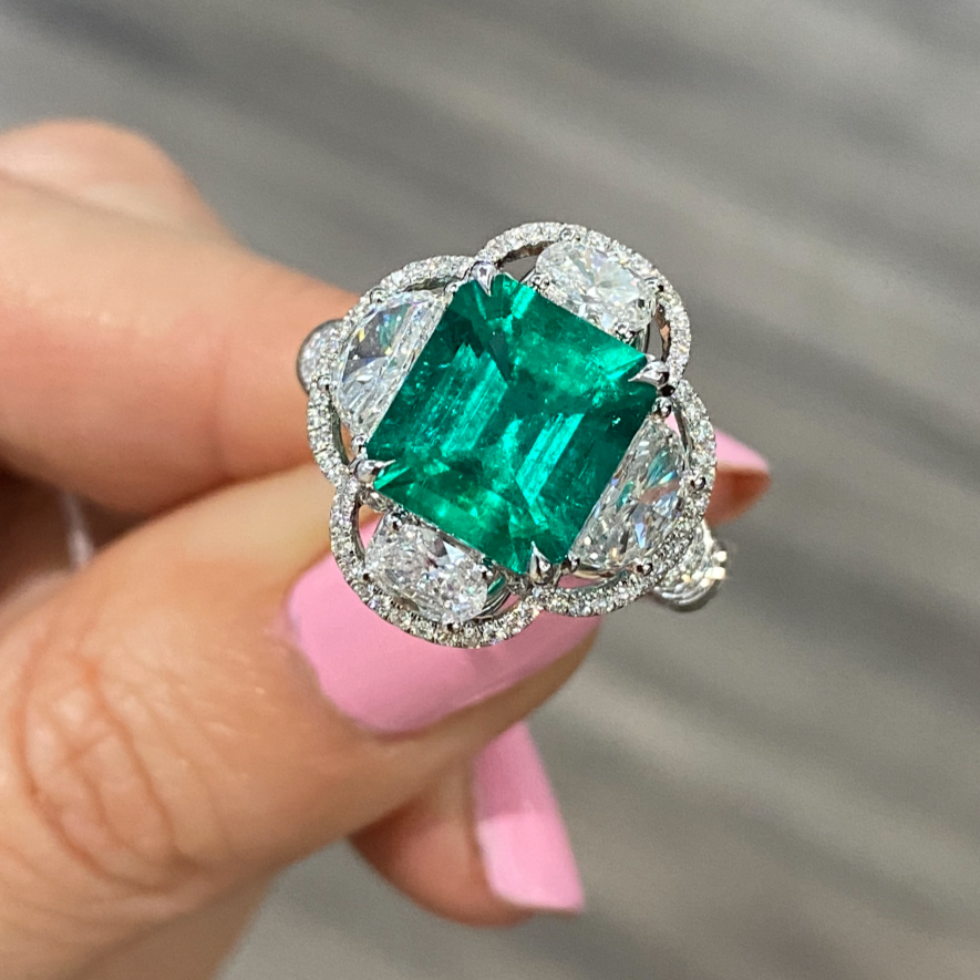 3.10ct Emerald Cut Moissanite Diamond 3 Stone Trillion Diamond Engagement  Ring 14k White Gold (9x7) / Front Jewelers